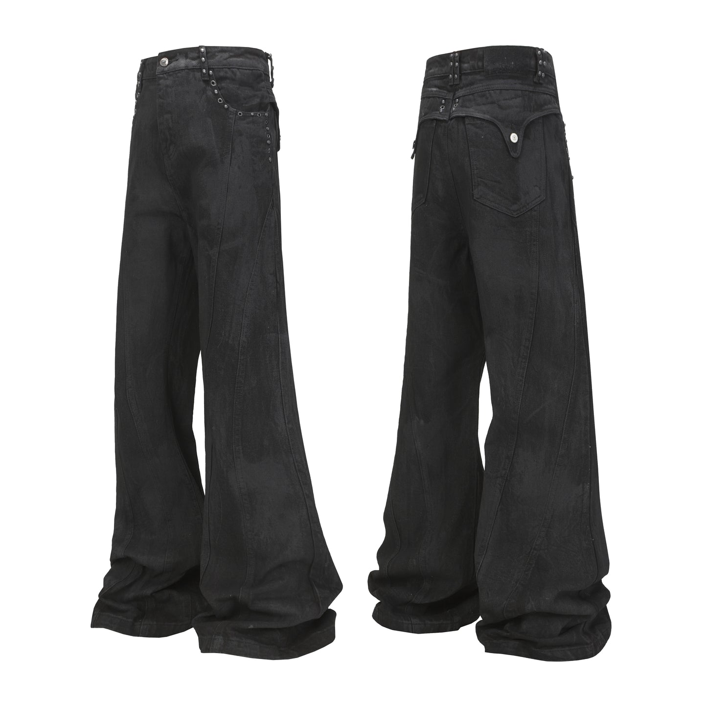 Coated Metal Stud Washed Damage Flare Denim Jeans WN22897