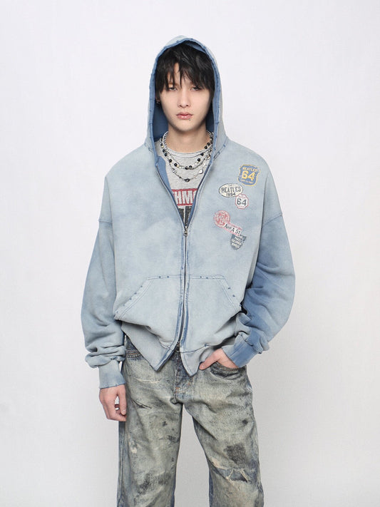 Washed Decorative Detail Zipper Hoodie WN24473