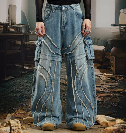 Deconstructed Patchwork Washed Fringe Utility Pocket Wide Leg Straight Denim Jeans WN22752