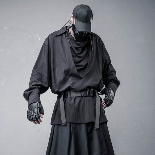 Draped High-Neck Fake Layered Long Sleeve Shirt & Functional Multi-Pocket Waist Bag WN22458