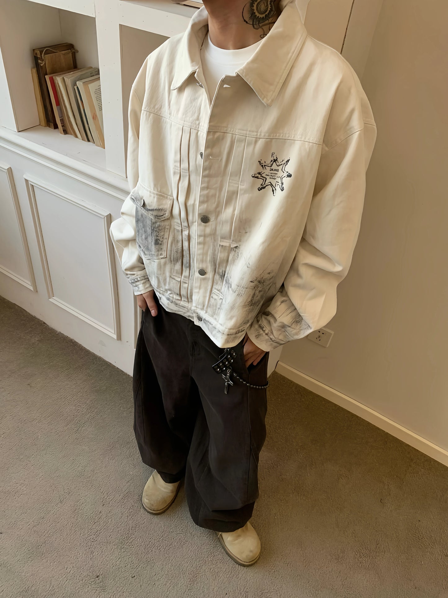 Washed Portrait Print Denim Short Jacket WN22240