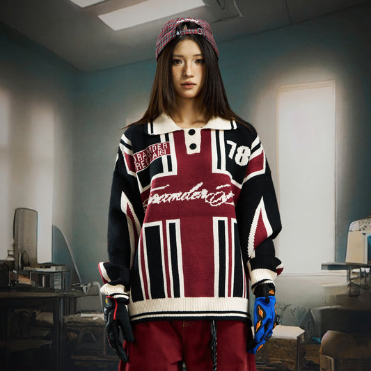 Contrast Jersey Style Oversize Sporty Knit Sweater WN22746