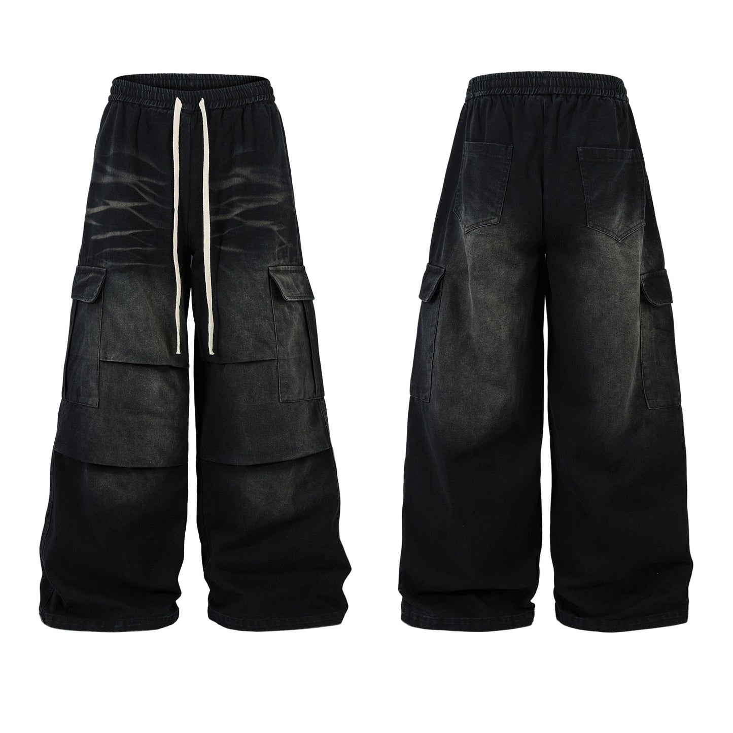 Washed Whisker Cargo Wide Leg Denim Jeans WN25976