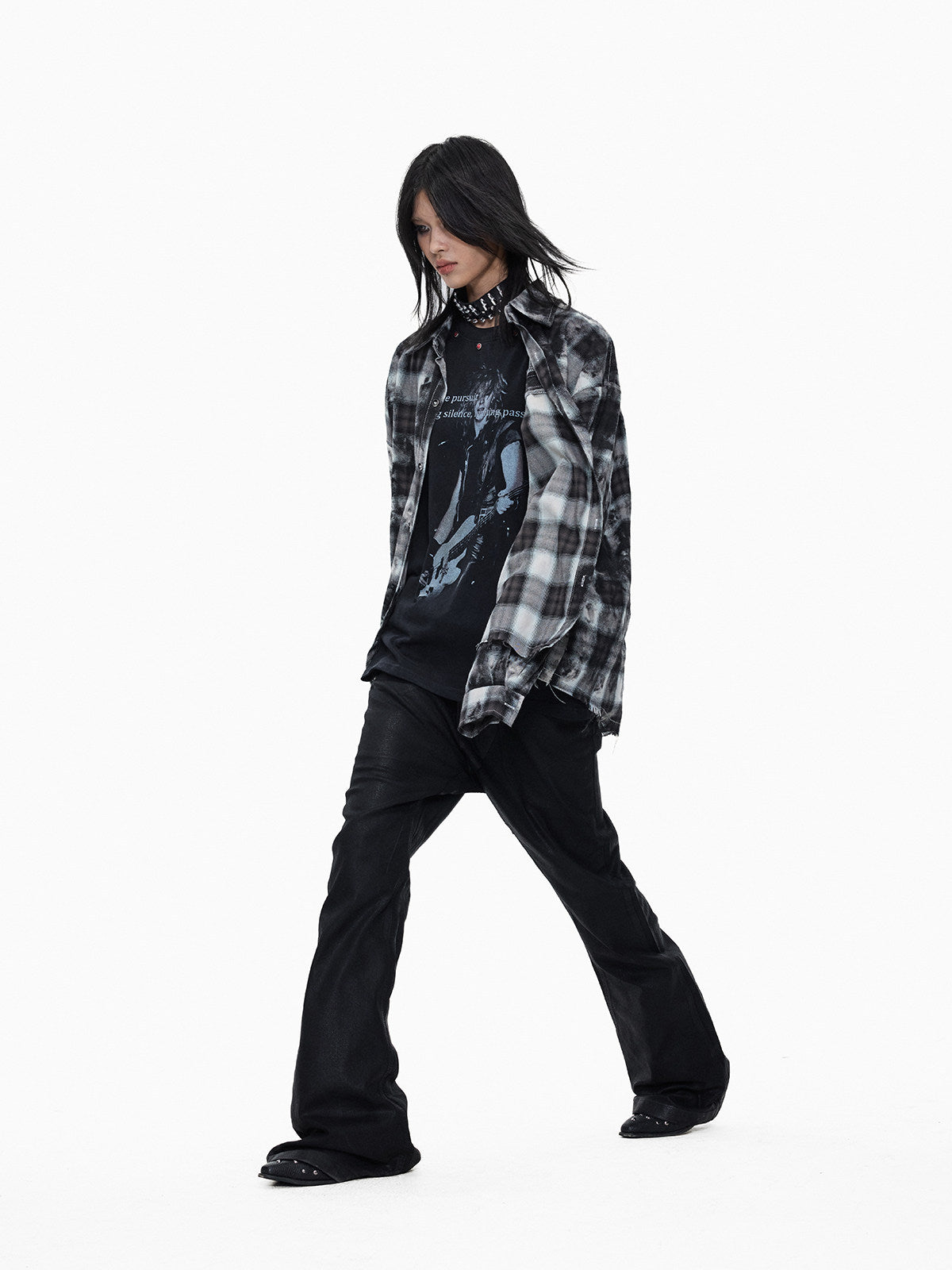 Plaid Washed Raw Hem Oversize Long Sleeve Shirt WN27344