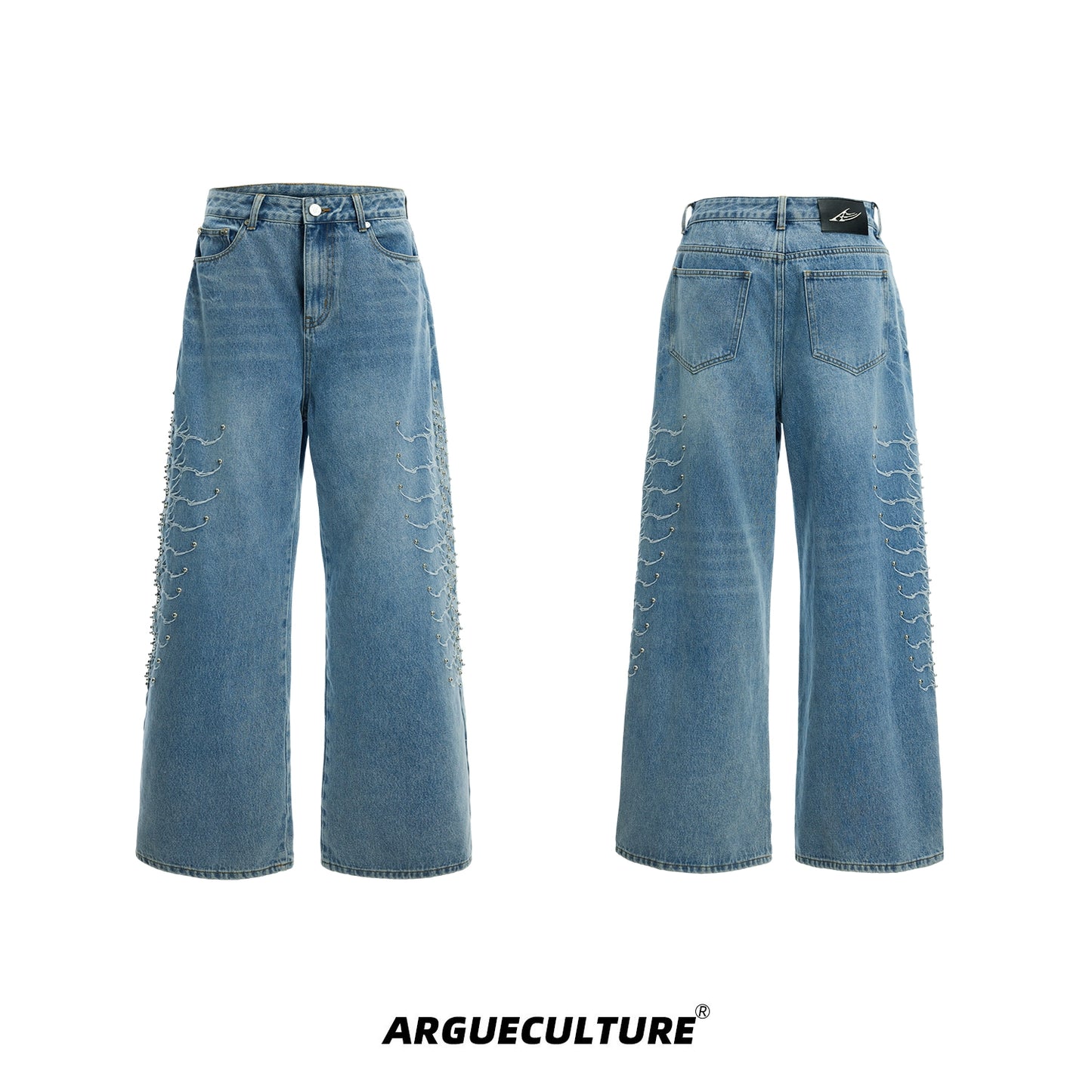 Washed Spine Metal Studs Design Denim Jeans WN16344