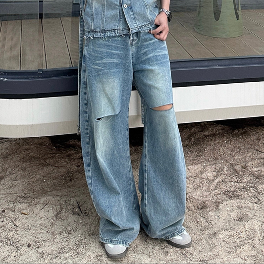 Fade Damage Short Denim Jacket & Damage Wide Leg Denim Jeans Setup WN25335