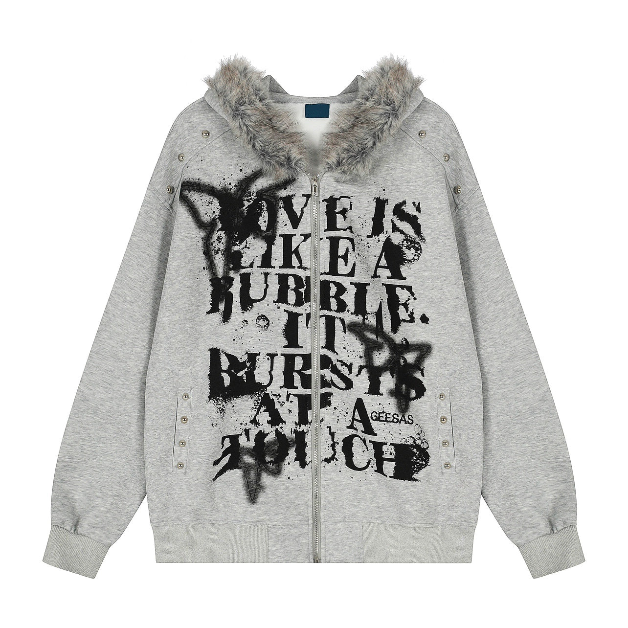 Graffiti Print Fake Fur Collar Zipper Hoodie WN21026