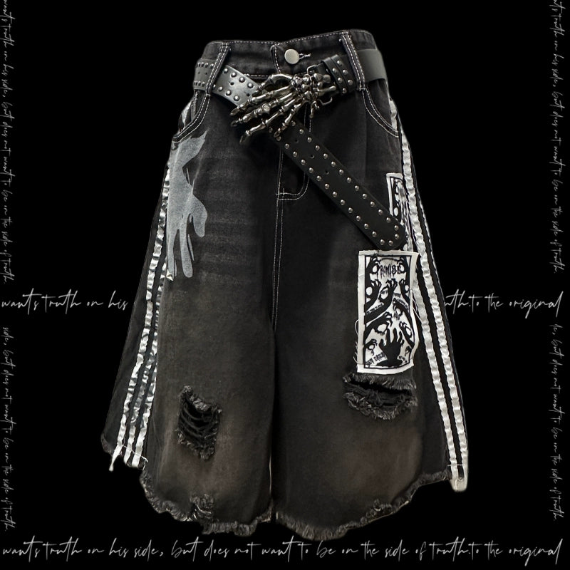 Side Stripe Damage Patch Wide Leg Half Denim Jeans & Skull Belt WN20106