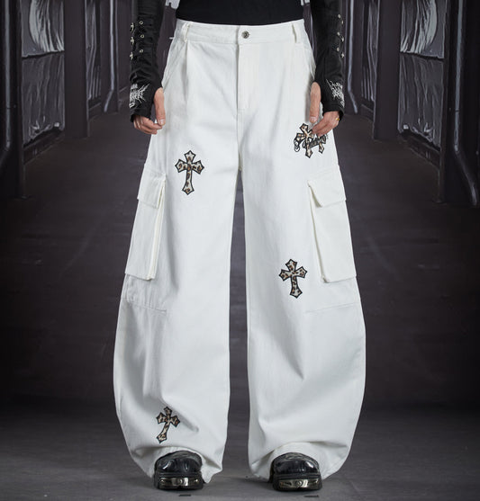 Patchwork Cross Leopard Print Embroidery Multi Pocket Cargo Pants WN22904