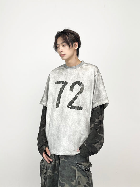 Fake Layered Number Print Damage Long Sleeve T-Shirt WN24286