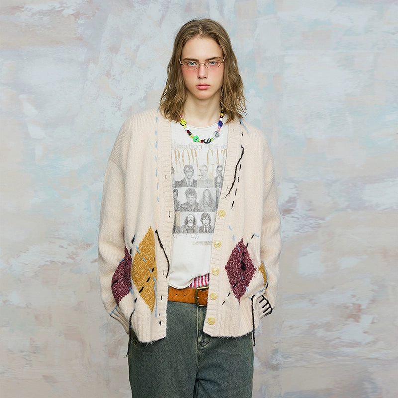 Color Block Argyle Tassel Knit Cardigan WN17795