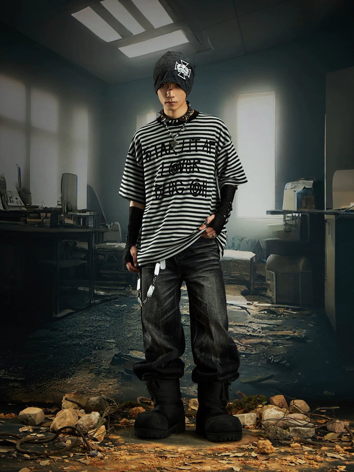 Stripe Letter Print Short Sleeve T-Shirt WN20552