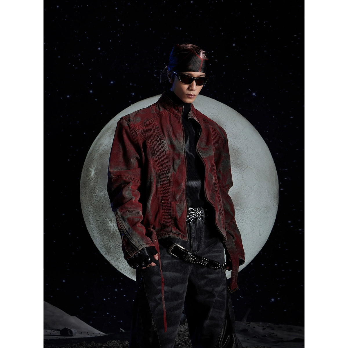 Wrinkled Patchwork Washed Strap Zipper Short Jacket WN13499