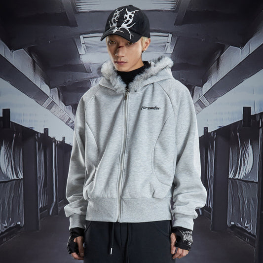 Fake Fur Deconstructed Cropped Zipper Hoodie WN22827
