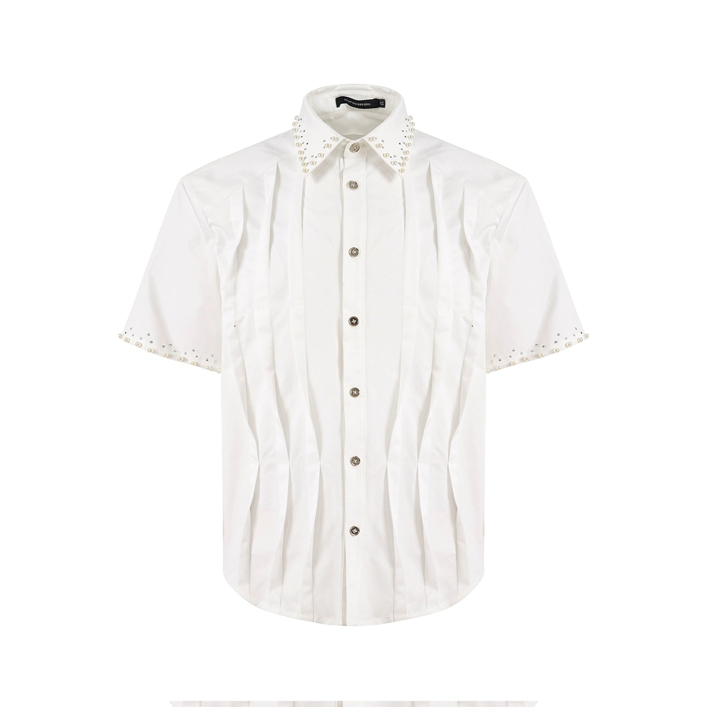 Rhinestone Pearl Pleats Short Sleeve Shirt WN16600