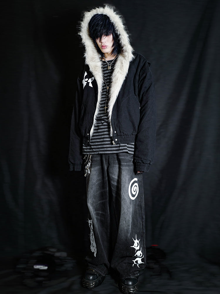 Graphic Design Fur Collar Puffer Jacket WN15906