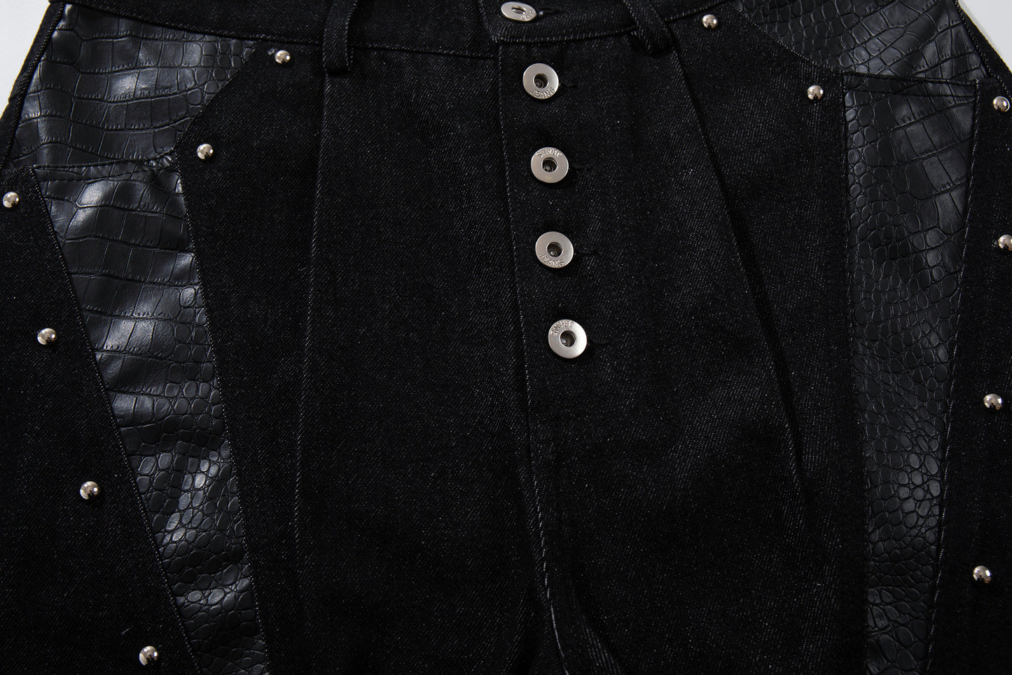 Studs PU Leather Panel Wide Leg Denim Jeans WN25799