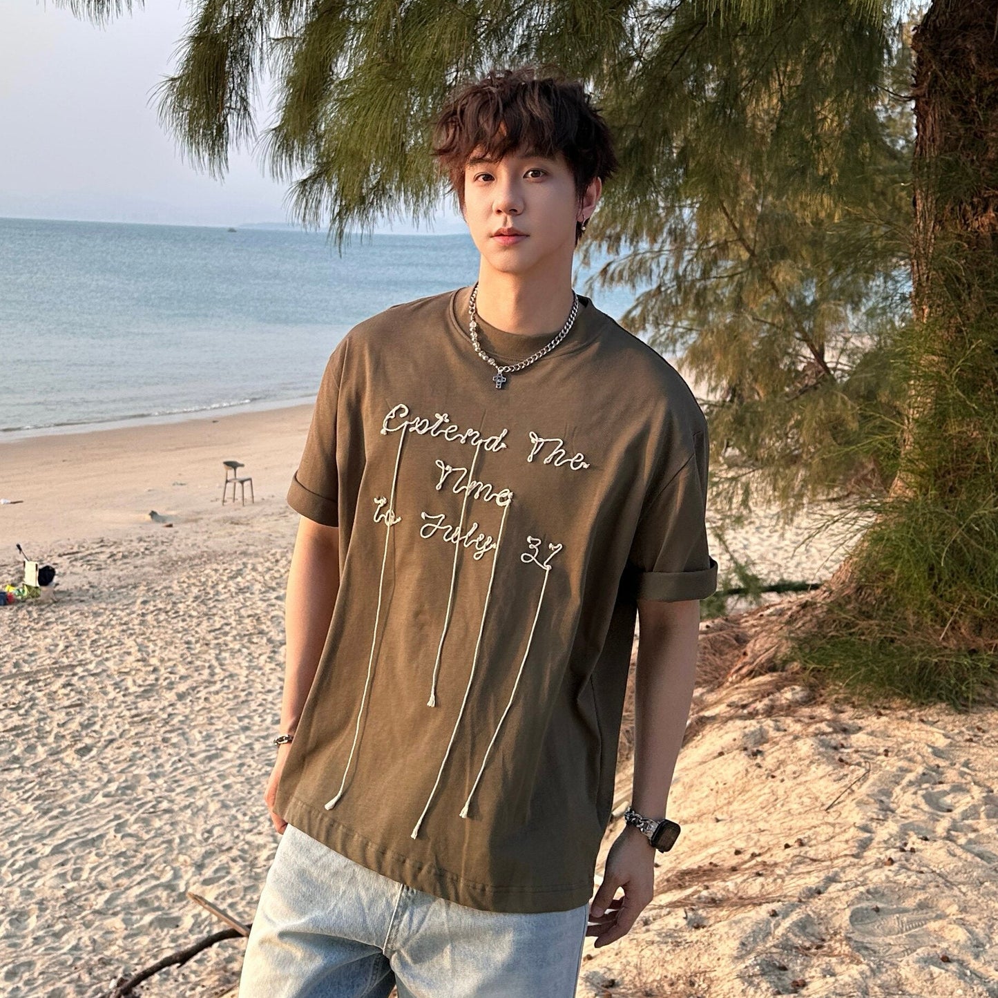 Letter Embroidery Drawstring Short Sleeve T-Shirt WN25161