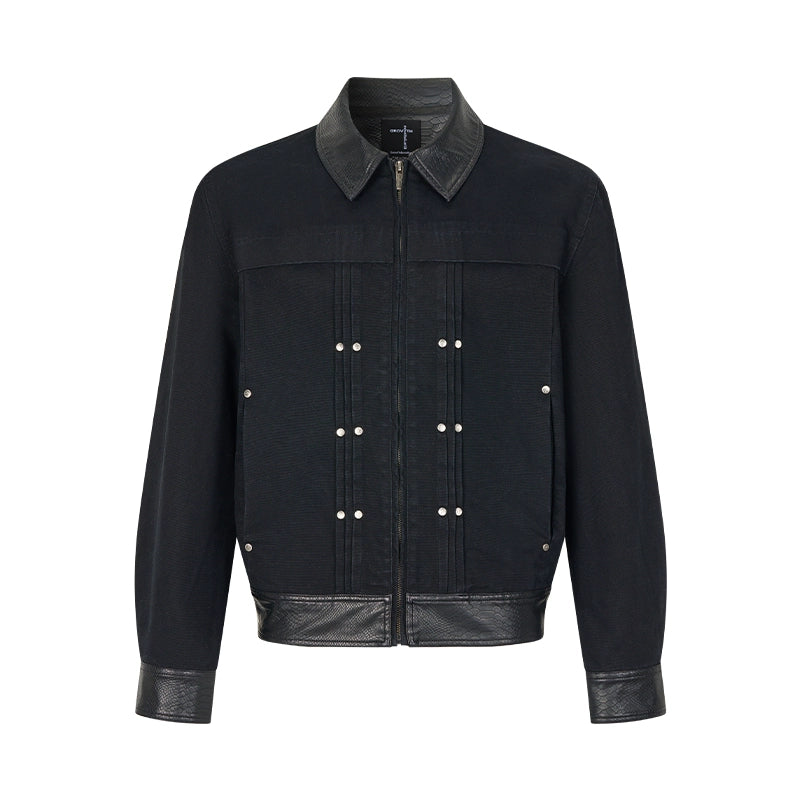 Patchwork Flap Collar Washed Studded Zipper Short Jacket WN18058