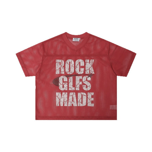 Mesh Letter Print V-Neck Short Sleeve T-Shirt WN26482