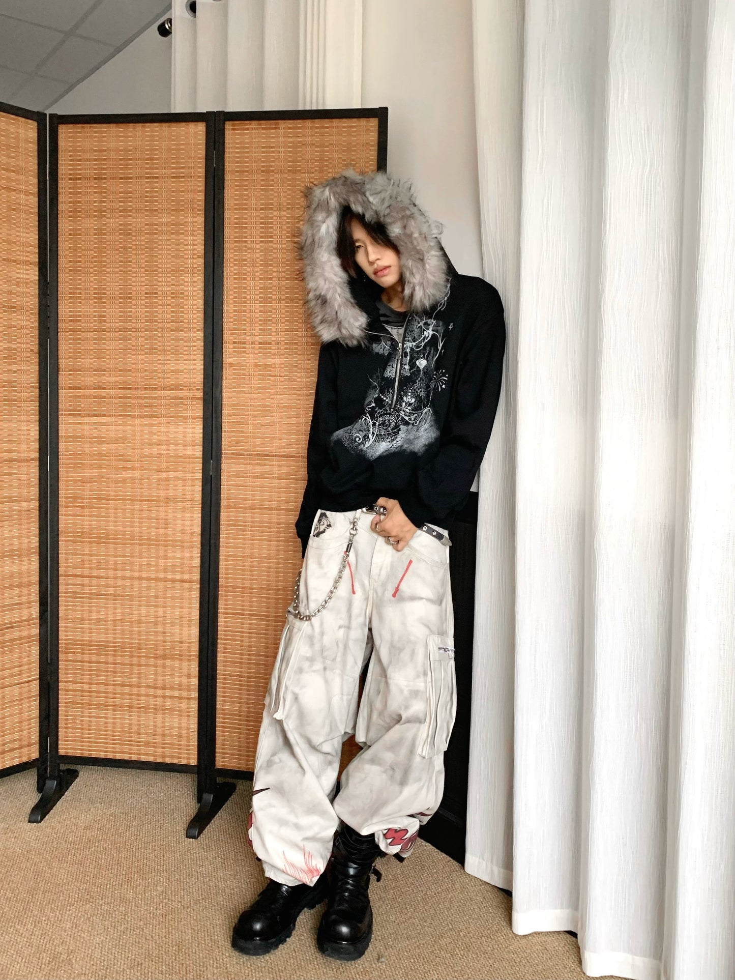 Half-Zip Fake Fur-Collar Art Print Hoodie WN22207