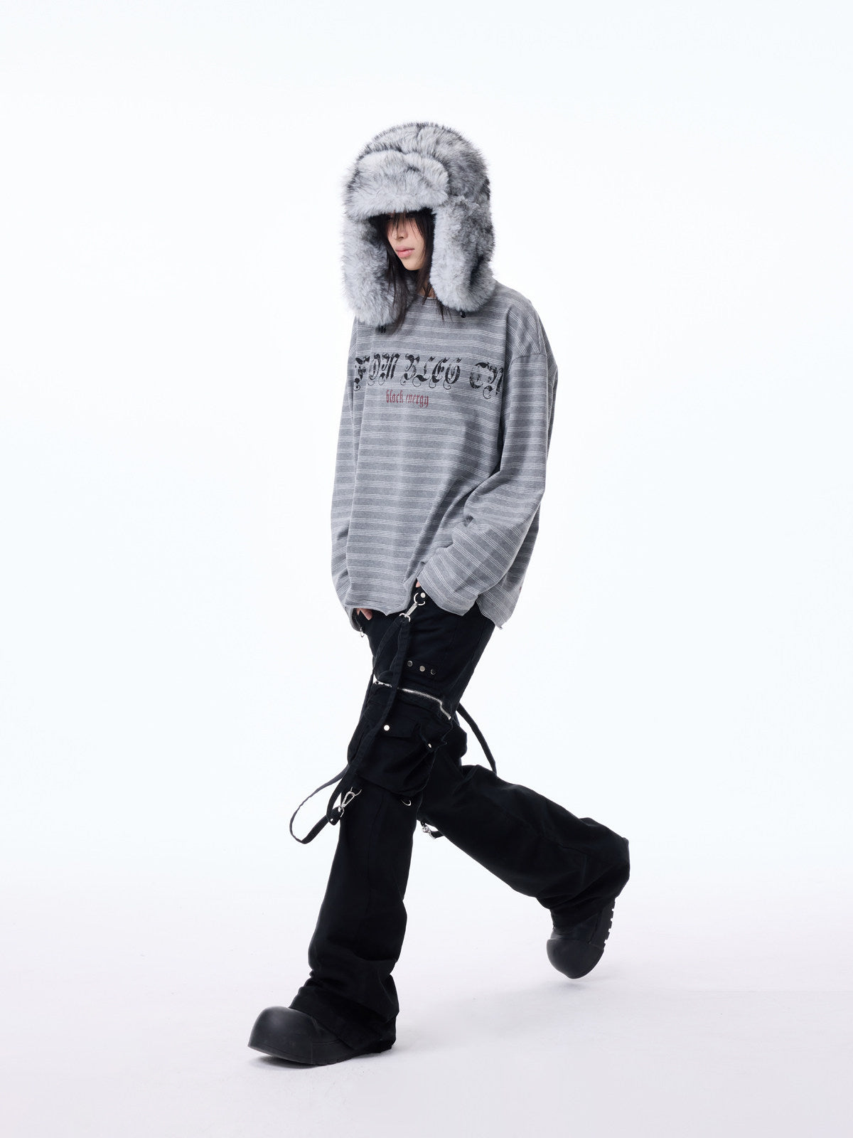 Raw Hem Striped Print Oversize Long Sleeve T-Shirt WN27318