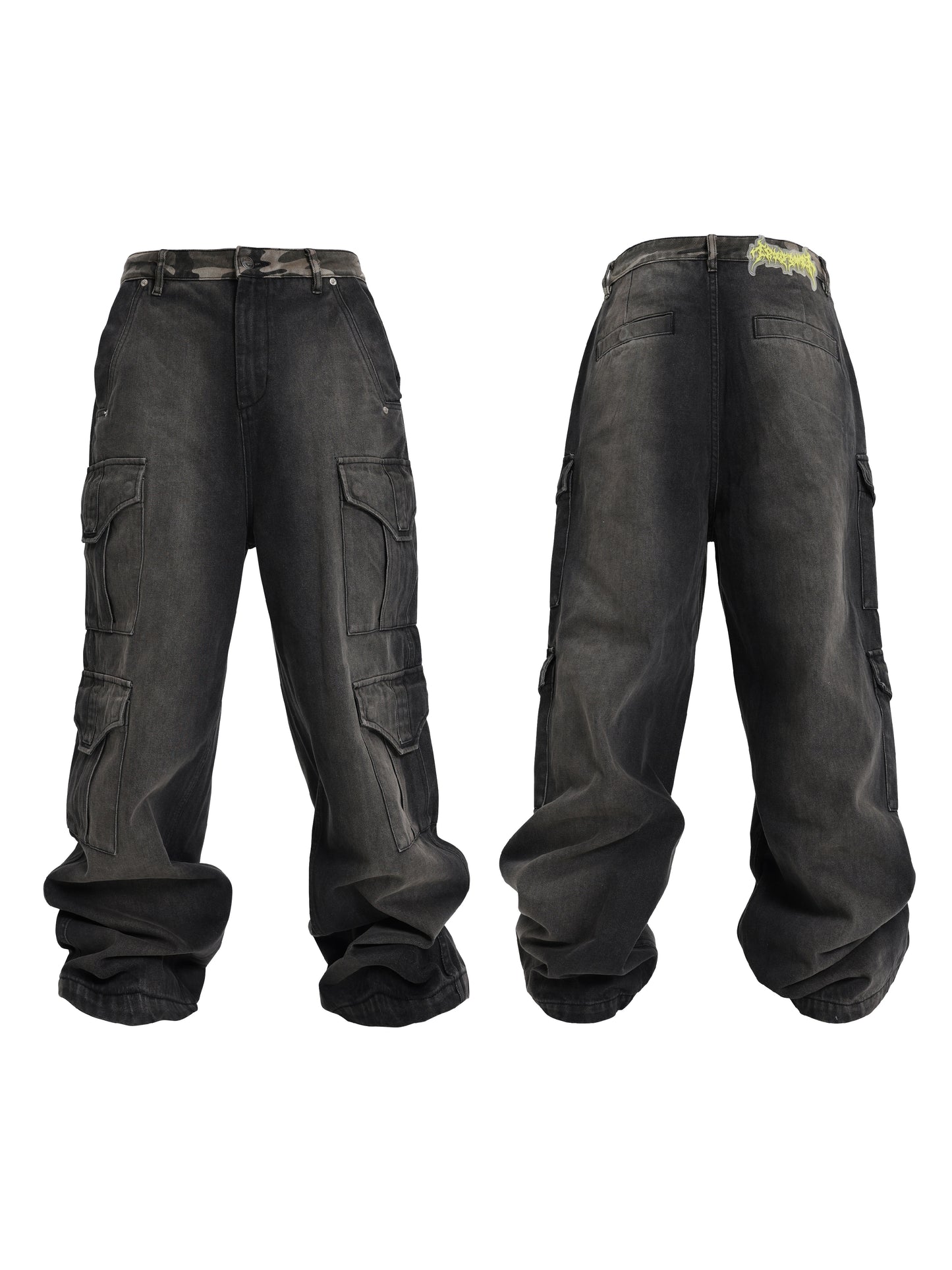 Washed Gradient Multi-Pocket Camouflage Patchwork Cargo Denim Jeans WN17261