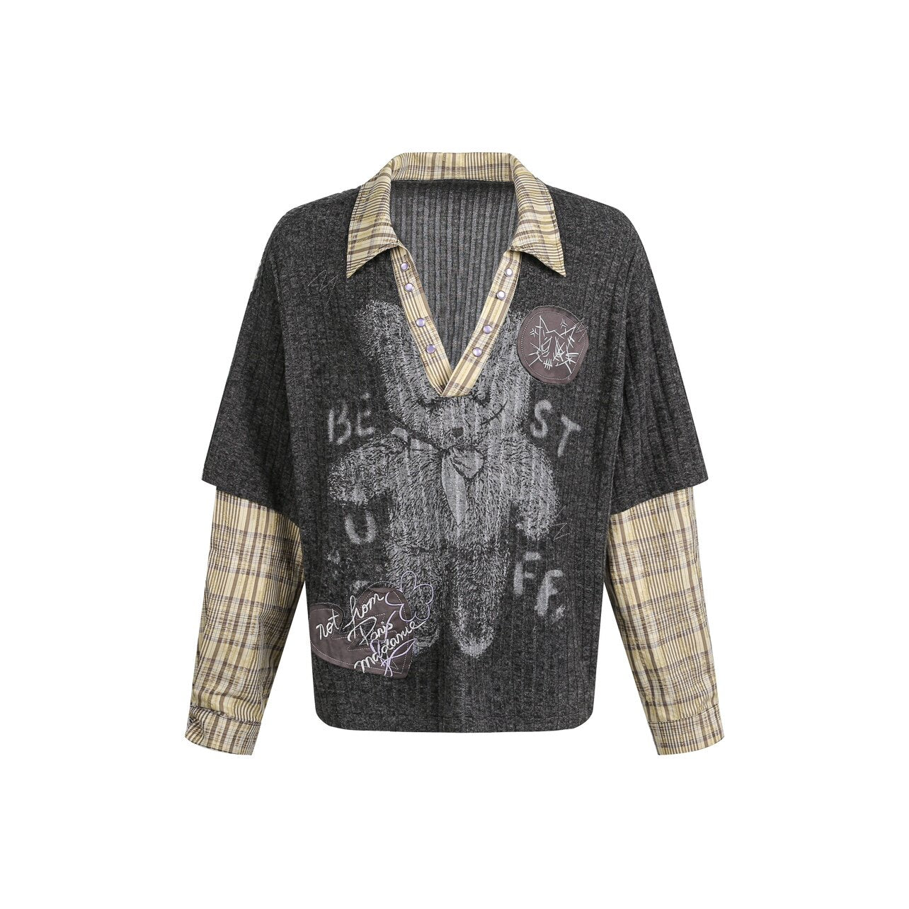 Fake Layered Plaid Sleeve Graphic Print Long Sleeve T-Shirt WN24484