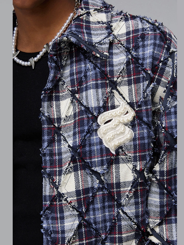 Texture Fringe Plaid Beaded Design Long Sleeve Shirt WN17912