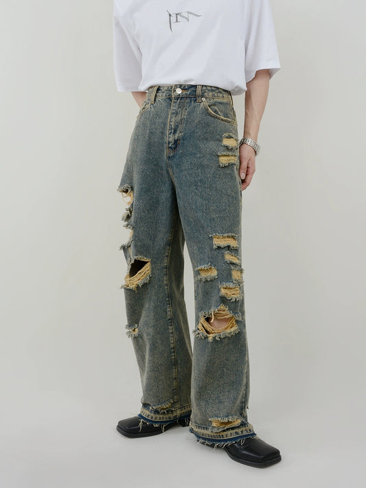 Wash Damaged Straight Denim Jeans WN6121