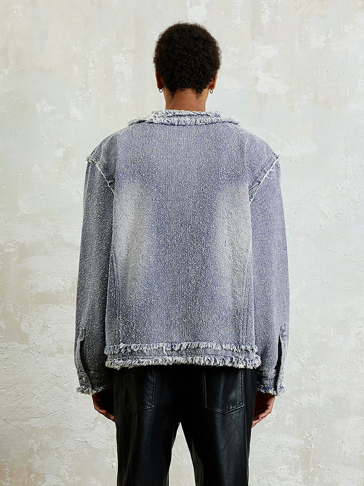 Washed Damage Raw Hem Texture Tweed Denim Jacket WN17897