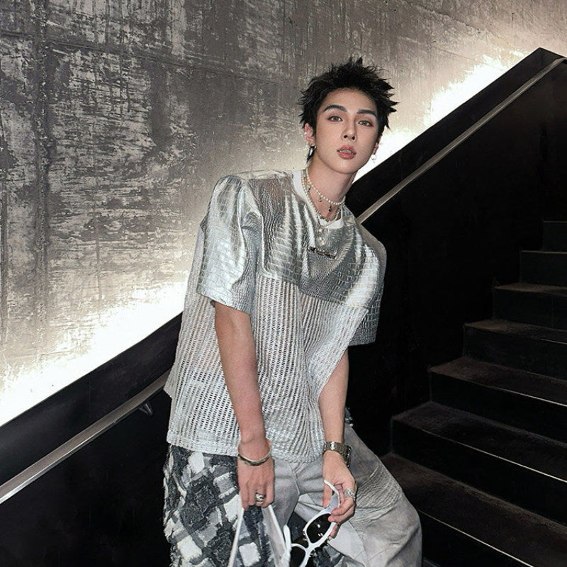 PU Leather Mesh Oversize Patchwork Short Sleeve T-Shirt WN25151