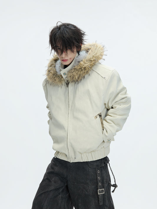 Hooded Fake Fur Embroidery PU Leather Puffer Jacket WN22604