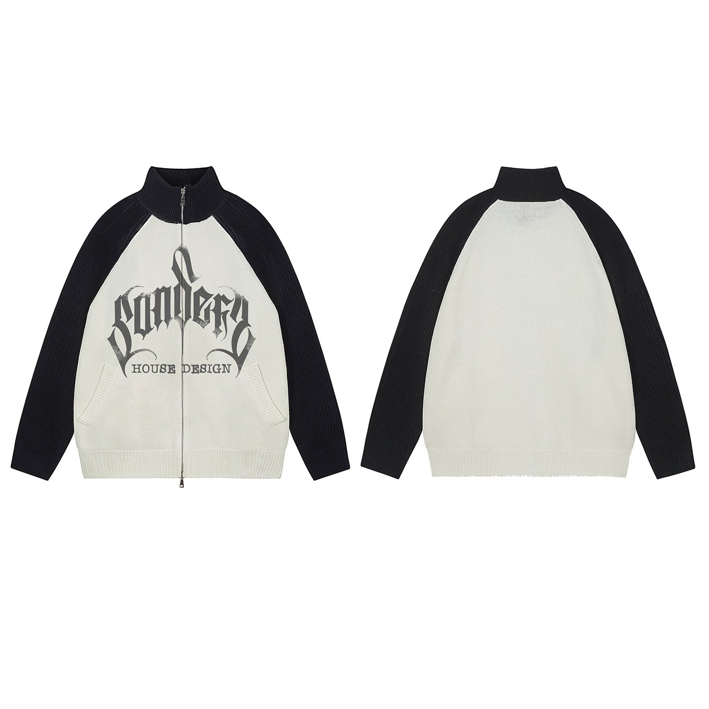 Letter Jacquard Colorblock Stand Neck Knit Cardigan WN11505