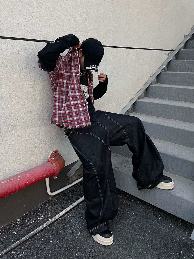 Brushed Plaid Fringe Oversize Long Sleeve Shirt WN16299