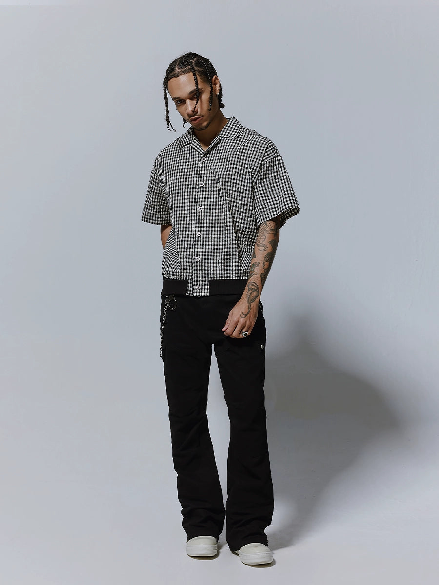 Plaid Oversize Ribbed Hem Turn-Down Collar Short Sleeve Shirt WN17588