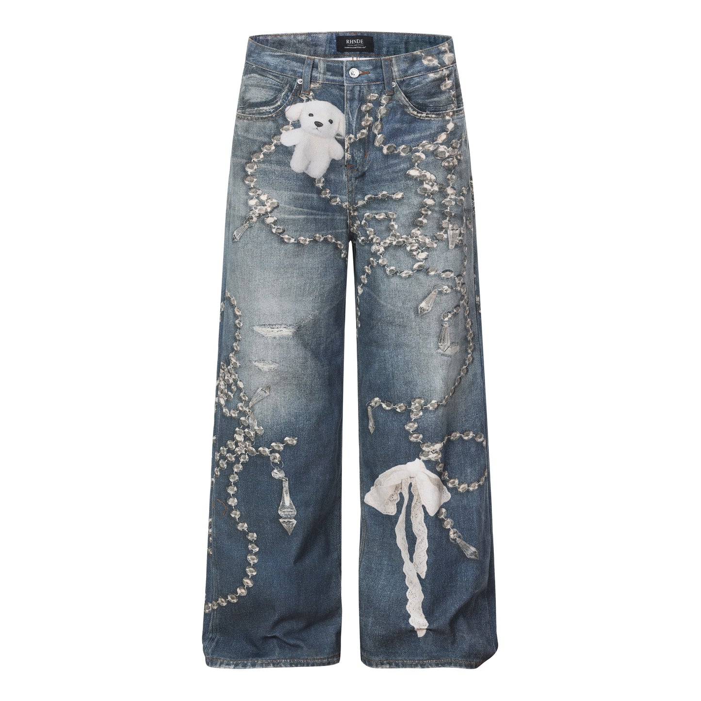 Crystal Chain Detail Wide-Leg Denim Jeans WN24418
