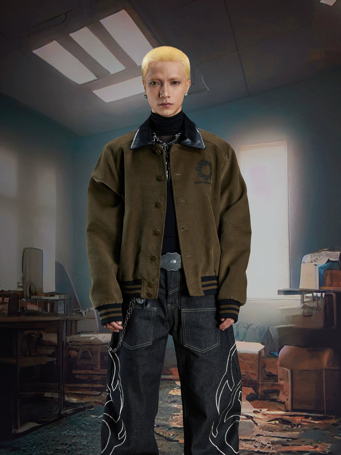 Embroidery Corduroy PU Leather-Collar Jacket WN21351