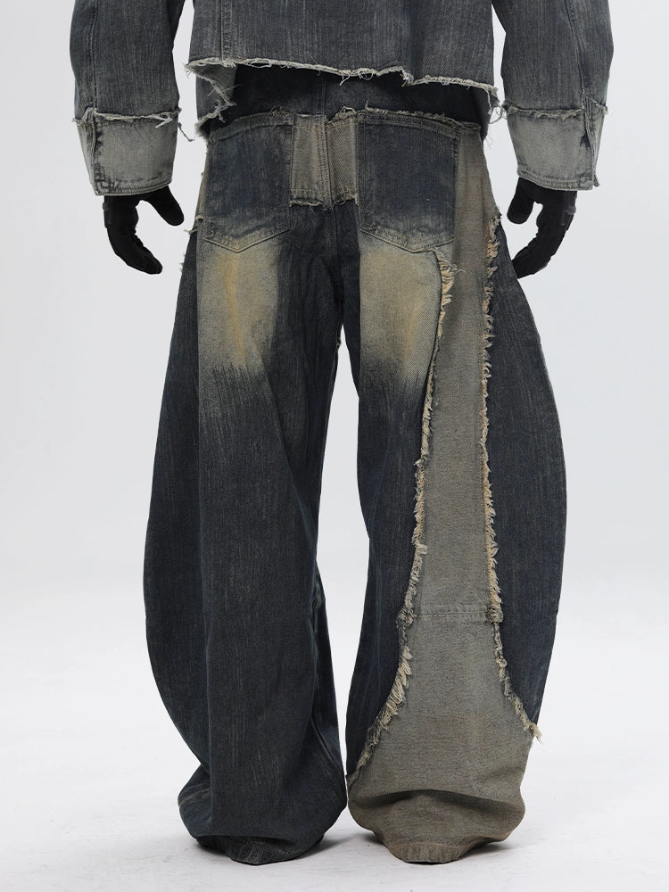 Deconstructed Patchwork Curved Blade Design Wide Leg Denim Jeans WN18660