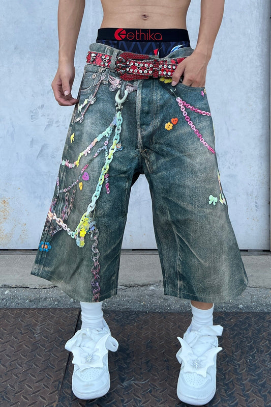 Chain Decoration 3D Print Washed Wide Leg Denim Jeans & Half Denim Jeans WN24063