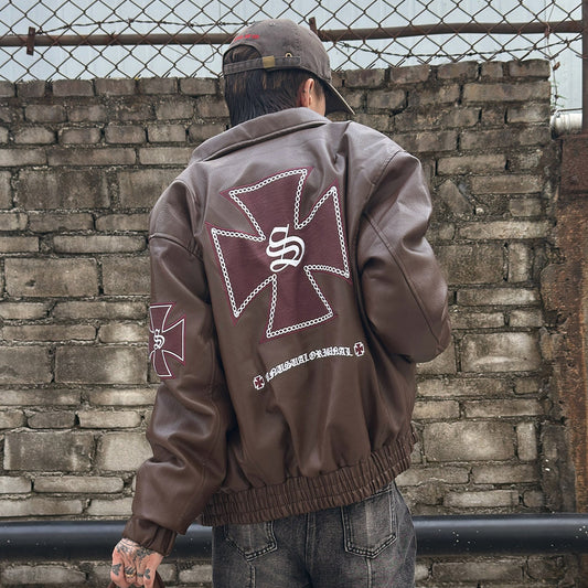 PU Leather Cross Embroidery Padded Jacket WN22976