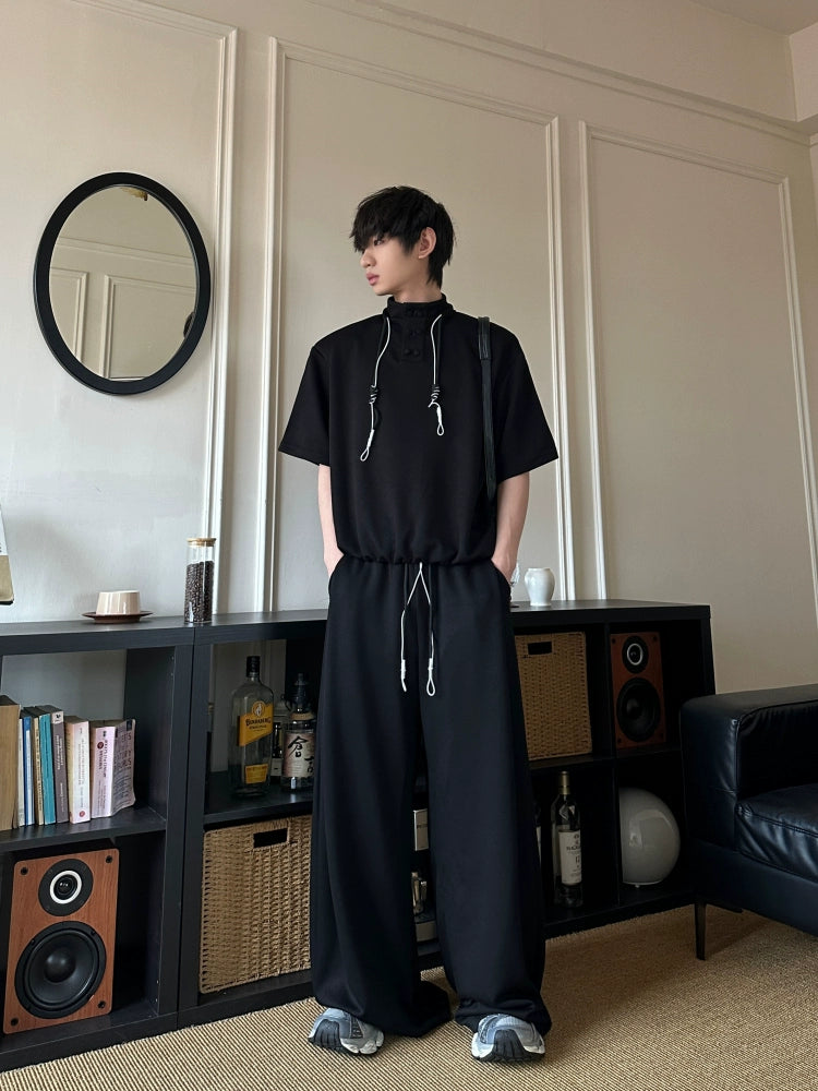 Drawstring Shoulder-Pad Short Sleeve T-shirt & Wide-Leg Straight Sweatpants Setup WN16798