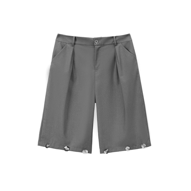 Pleated Design Floral Sequin and Bead Embellished Wide Leg Half Pants WN18873