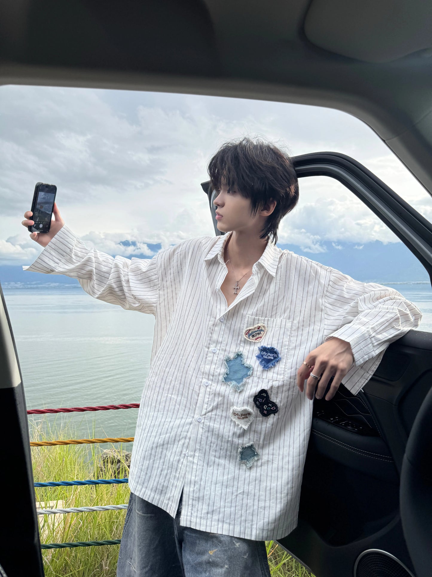 Patch Embroidery Stripe Long Sleeve Shirt WN20759