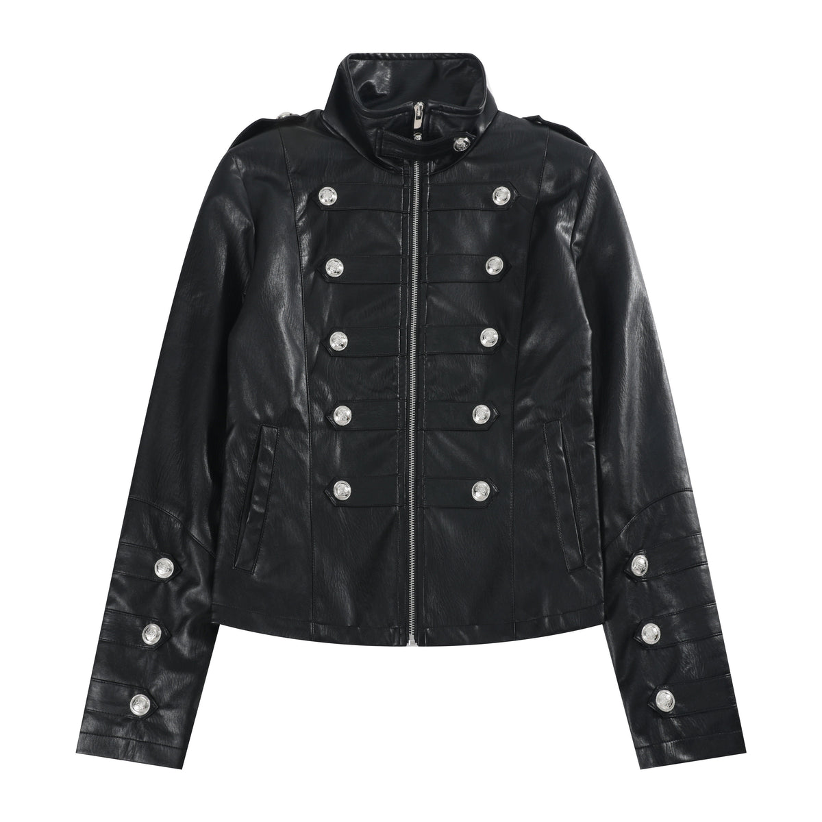 Stand Neck Button Detail PU Leather Jacket WN27241