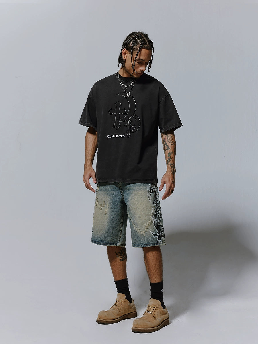 Spray Print Washed Wide Leg Denim Short Pants WN17529