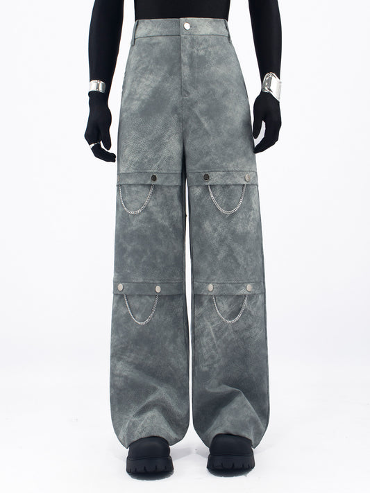 Chain Decor PU Leather Short Jacket & Wide Leg PU Leather Pants Setup WN23678