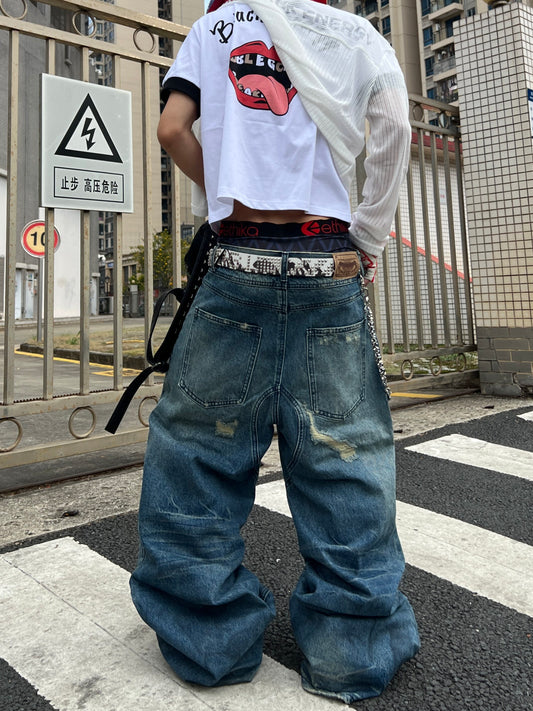 Damage Washed Wide Leg Denim Jeans WN24070