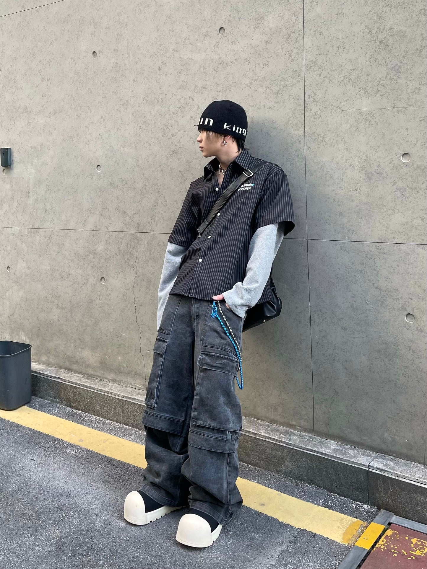 Fake Layered Letter Stripe Oversize Long Sleeve Shirt WN14986