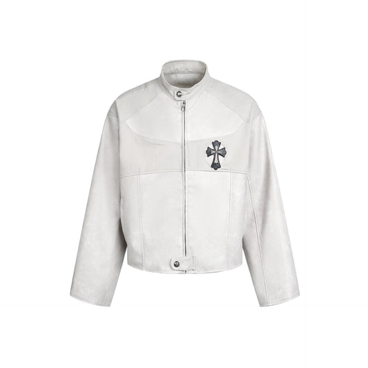 Cross Patchwork Oversize PU Leather Jacket WN23034